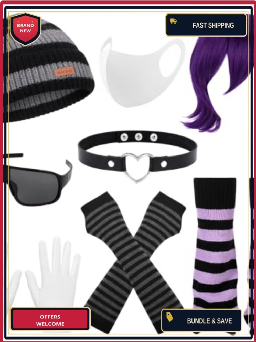 Rebel Worker Costume Accessory Set Wig Beanie Arm Sleeves Gloves Choker